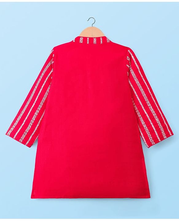 Babyhug Woven Full Sleeves Kurta Pyjama Set With Embroidery & Sequin Detailing - Red