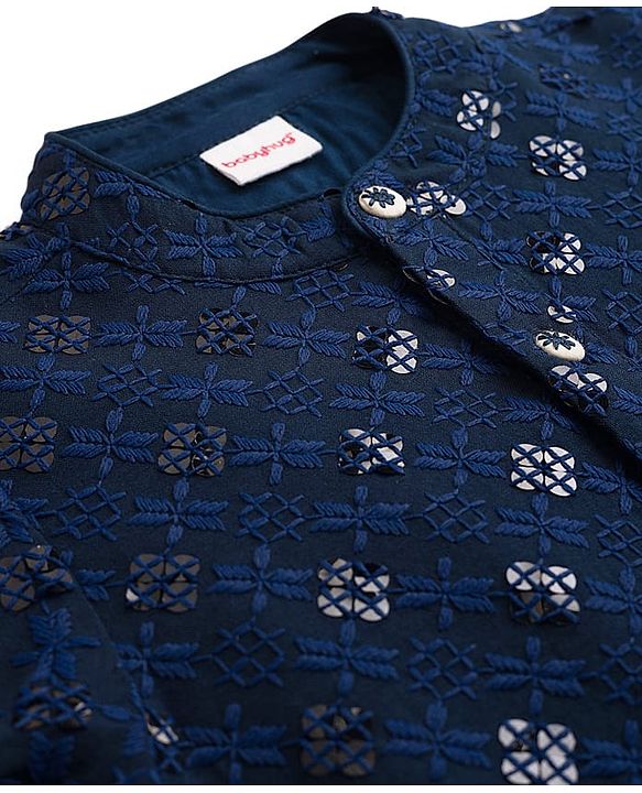 Babyhug Woven Full Sleeves Embroidered Kurta Pyjama Set - Navy Blue & White