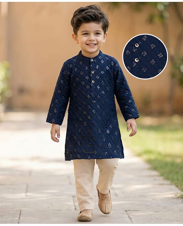 Babyhug Woven Full Sleeves Embroidered Kurta Pyjama Set - Navy Blue & White