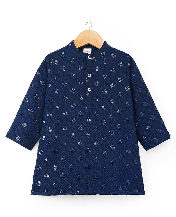 Babyhug Woven Full Sleeves Embroidered Kurta Pyjama Set - Navy Blue & White