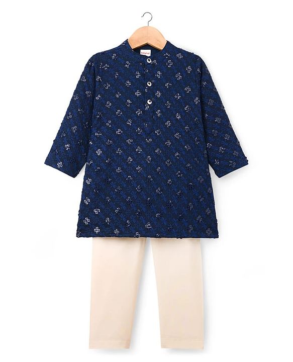 Babyhug Woven Full Sleeves Embroidered Kurta Pyjama Set - Navy Blue & White