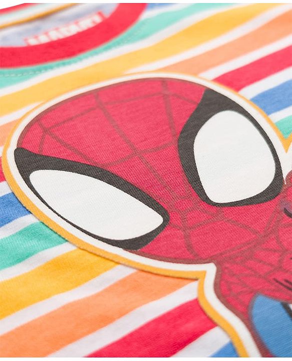 Babyhug Marvel Single Jersey Knit Half Sleeves Striped T-Shirt & Shorts Set with Spiderman Graphic - Multicolor