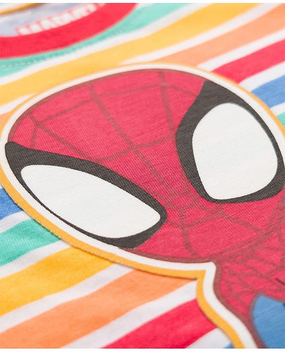 Babyhug Marvel Single Jersey Knit Half Sleeves Striped T-Shirt & Shorts Set with Spiderman Graphic - Multicolor