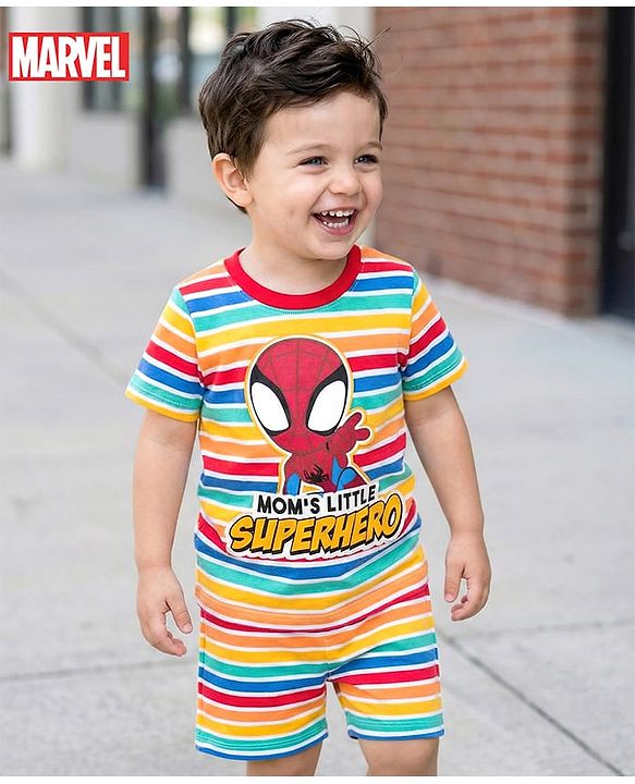 Babyhug Marvel Single Jersey Knit Half Sleeves Striped T-Shirt & Shorts Set with Spiderman Graphic - Multicolor