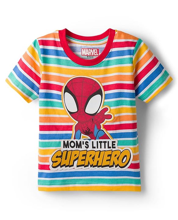 Babyhug Marvel Single Jersey Knit Half Sleeves Striped T-Shirt & Shorts Set with Spiderman Graphic - Multicolor