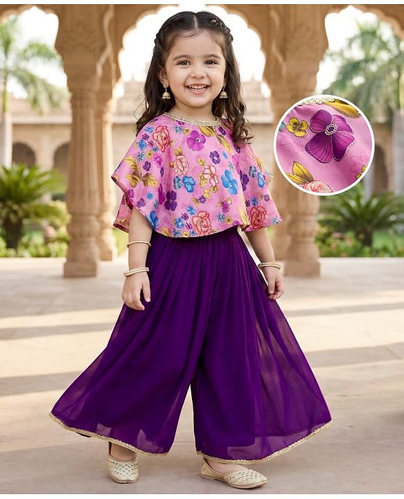 Babyhug Woven Half Sleeves Indo Western Set With Floral Print - Purple