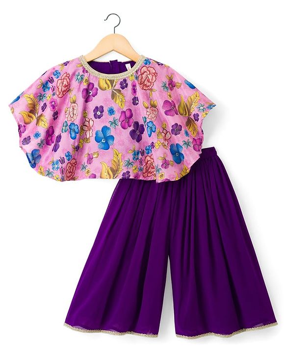 Babyhug Woven Half Sleeves Indo Western Set With Floral Print - Purple
