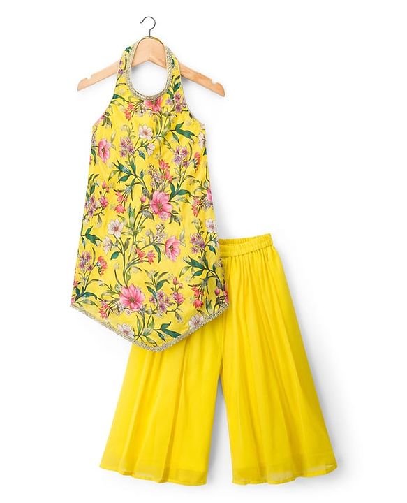 Babyhug Woven Sleeveless Floral Printed Indo Western Set - Yellow