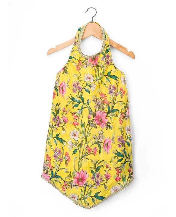 Babyhug Woven Sleeveless Floral Printed Indo Western Set - Yellow