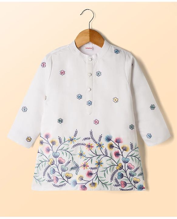 Babyhug Woven Full Sleeves Kurta & Dhoti Set with Floral Embroidery - Light Blue