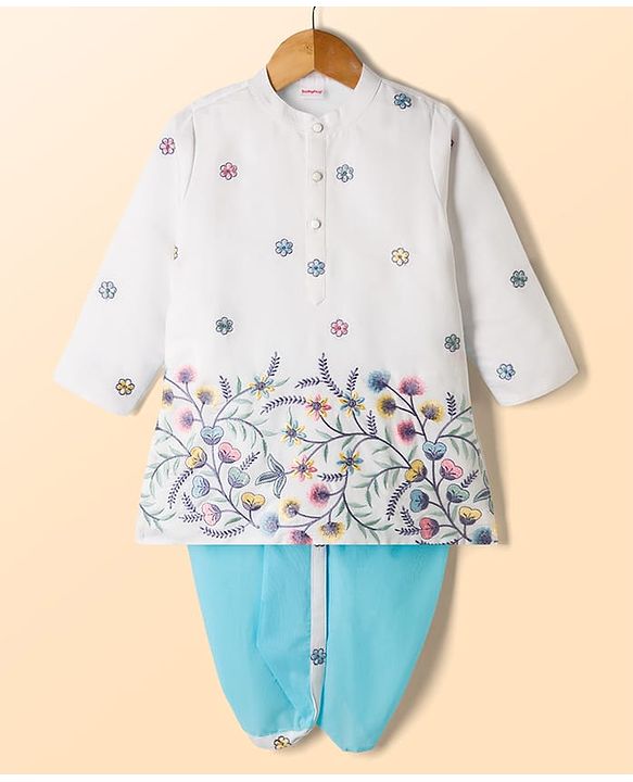 Babyhug Woven Full Sleeves Kurta & Dhoti Set with Floral Embroidery - Light Blue