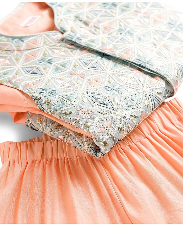 Babyhug Woven Full Sleeves Kurta Pajama Set with Embroidered Jacket - Peach
