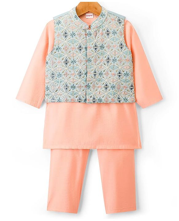 Babyhug Woven Full Sleeves Kurta Pajama Set with Embroidered Jacket - Peach