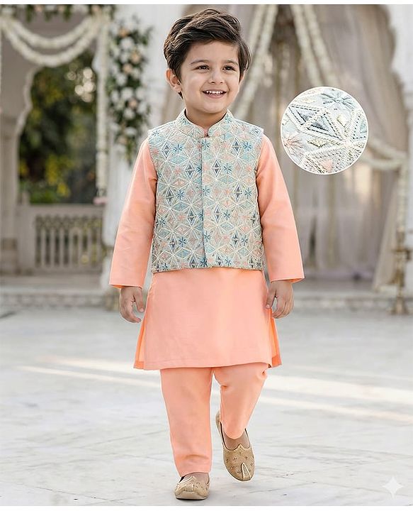 Babyhug Woven Full Sleeves Kurta Pajama Set with Embroidered Jacket - Peach