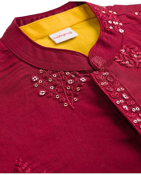 Babyhug Woven Full Sleeves Kurta Pajama & Floral Embroidery Jacket - Rust Orange & Yellow