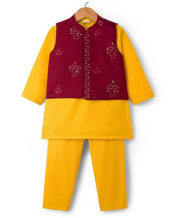 Babyhug Woven Full Sleeves Kurta Pajama & Floral Embroidery Jacket - Rust Orange & Yellow