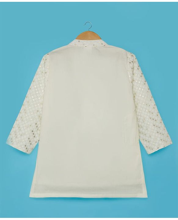 Babyhug Woven Full Sleeves Embroidered Kurta Pyjama Set with Embellished Detailing - Offwhite