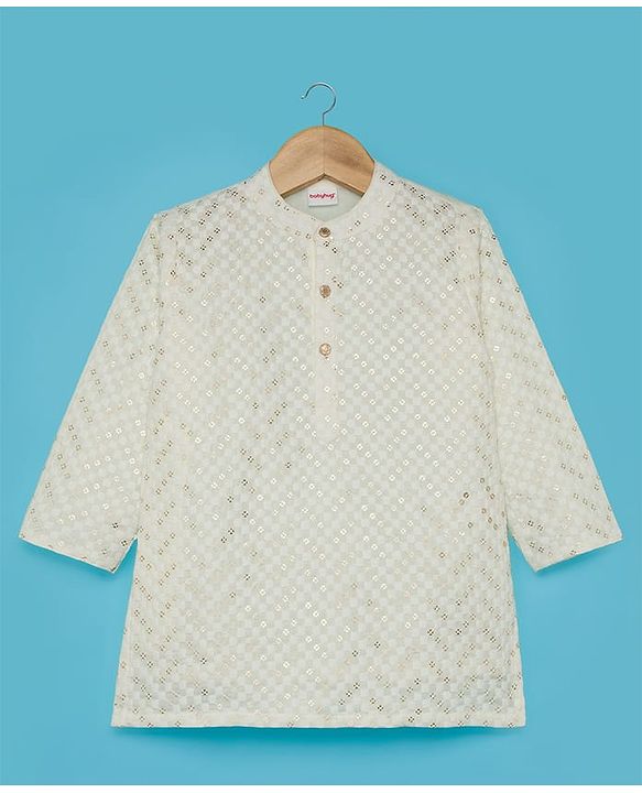 Babyhug Woven Full Sleeves Embroidered Kurta Pyjama Set with Embellished Detailing - Offwhite