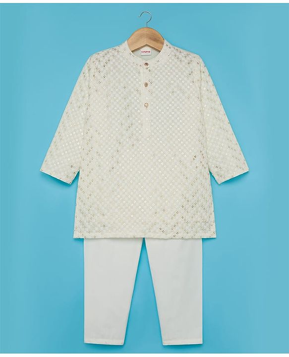 Babyhug Woven Full Sleeves Embroidered Kurta Pyjama Set with Embellished Detailing - Offwhite