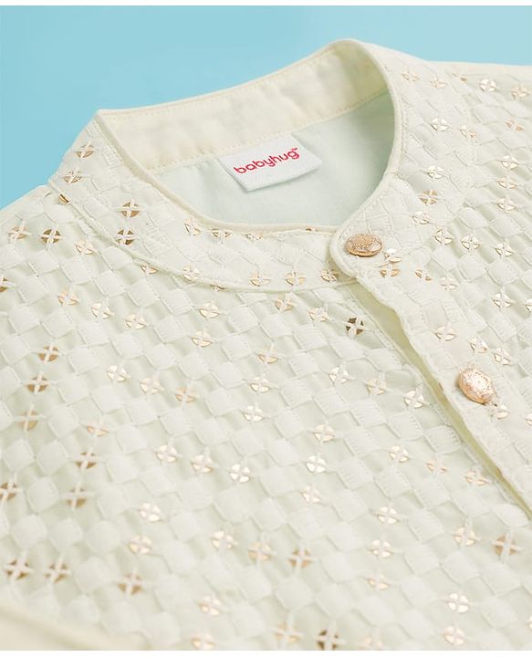 Babyhug Woven Full Sleeves Embroidered Kurta Pyjama Set with Embellished Detailing - Offwhite