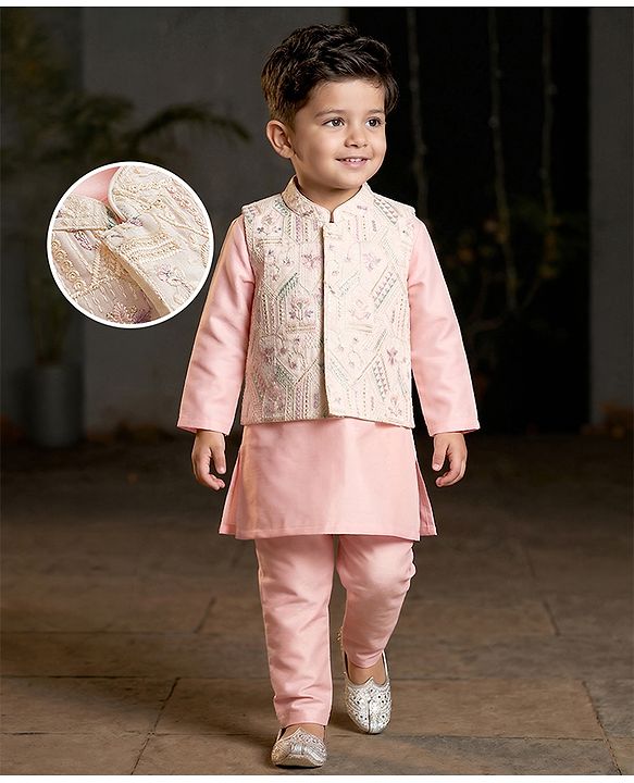 Babyhug Woven Full Sleeves Kurta Pajama Set With Floral Embriodery Jacket - Pink