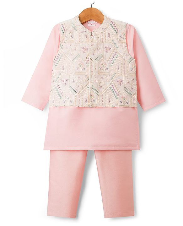 Babyhug Woven Full Sleeves Kurta Pajama Set With Floral Embriodery Jacket - Pink