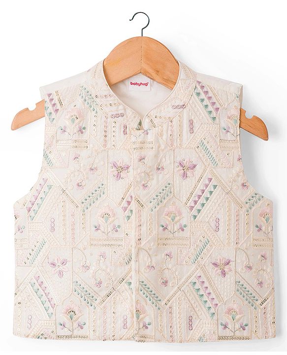 Babyhug Woven Full Sleeves Kurta Pajama Set With Floral Embriodery Jacket - Pink