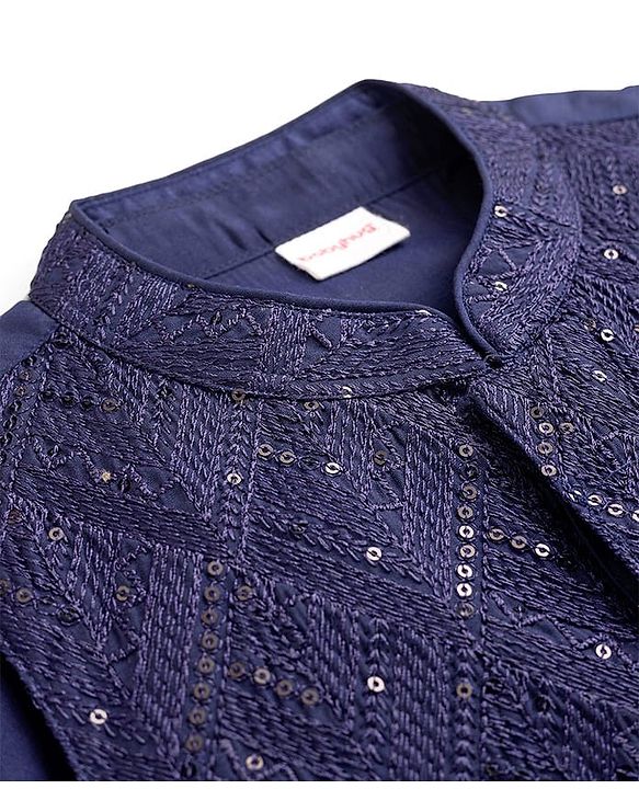 Babyhug Woven Full Sleeves Kurta Pajama Set With Sequin Detailing Jacket - Navy Blue