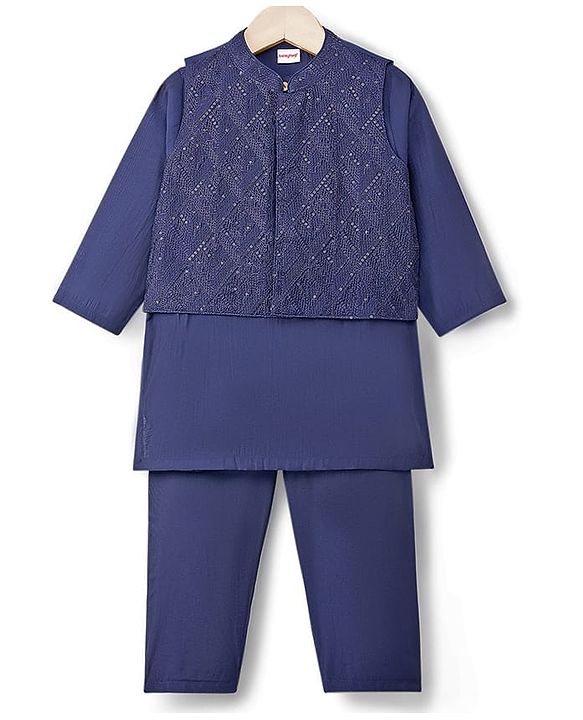 Babyhug Woven Full Sleeves Kurta Pajama Set With Sequin Detailing Jacket - Navy Blue