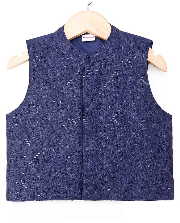 Babyhug Woven Full Sleeves Kurta Pajama Set With Sequin Detailing Jacket - Navy Blue