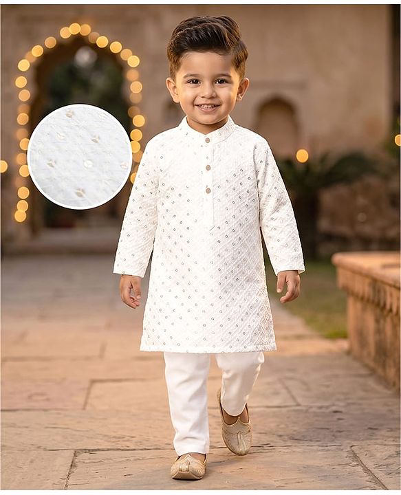 Babyhug Woven Full Sleeves Kurta Pajama Set With Sequin Embroidery - White