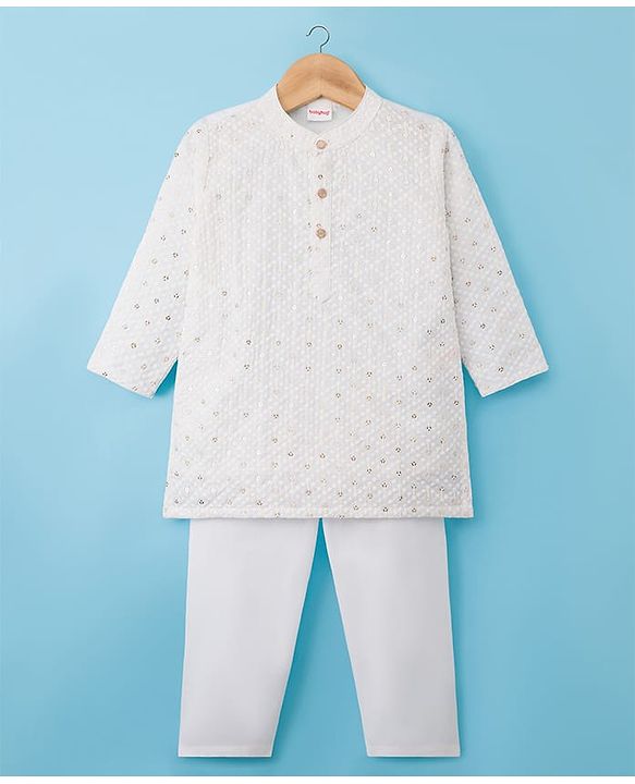 Babyhug Woven Full Sleeves Kurta Pajama Set With Sequin Embroidery - White