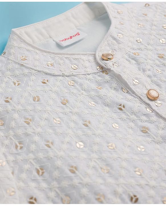 Babyhug Woven Full Sleeves Kurta Pajama Set With Sequin Embroidery - White