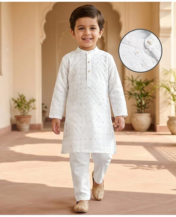 Babyhug Woven Full Sleeves Embroidered Kurta Pajama Set - White