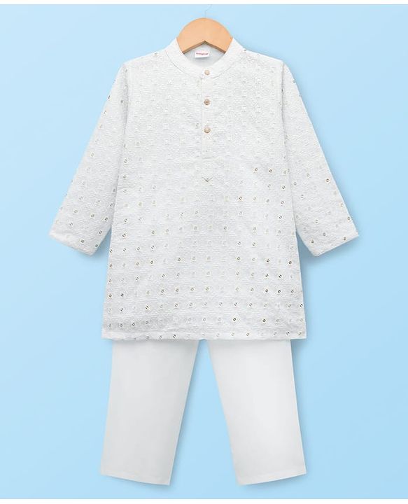 Babyhug Woven Full Sleeves Embroidered Kurta Pajama Set - White