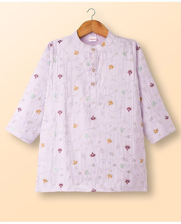 Babyhug Woven Full Sleeves Kurta Pajama Set With Floral Embroidery - Lavender