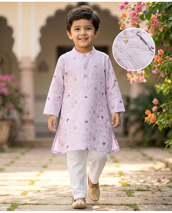 Babyhug Woven Full Sleeves Kurta Pajama Set With Floral Embroidery - Lavender
