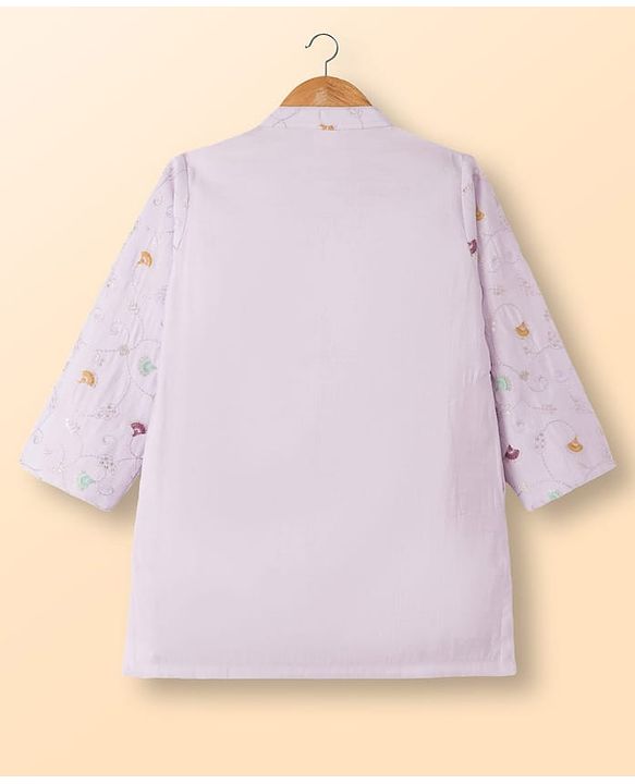 Babyhug Woven Full Sleeves Kurta Pajama Set With Floral Embroidery - Lavender