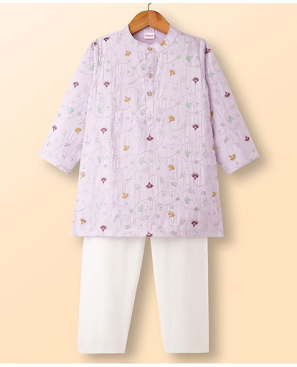 Babyhug Woven Full Sleeves Kurta Pajama Set With Floral Embroidery - Lavender