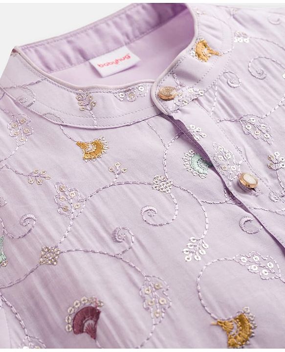 Babyhug Woven Full Sleeves Kurta Pajama Set With Floral Embroidery - Lavender