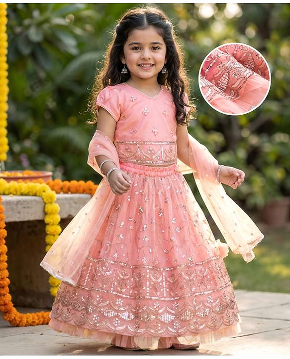 Babyhug Mesh Woven Half Sleeves Lehenga Choli Set With Sequin Embroidery & Dupatta - Peach