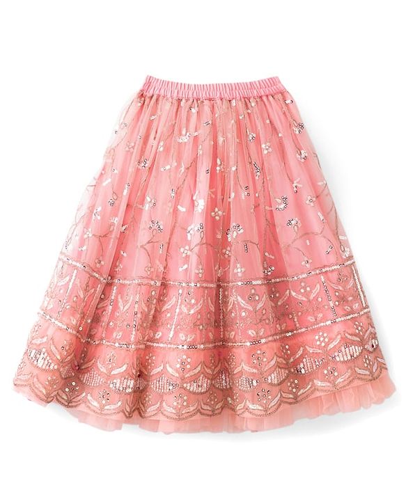 Babyhug Mesh Woven Half Sleeves Lehenga Choli Set With Sequin Embroidery & Dupatta - Peach