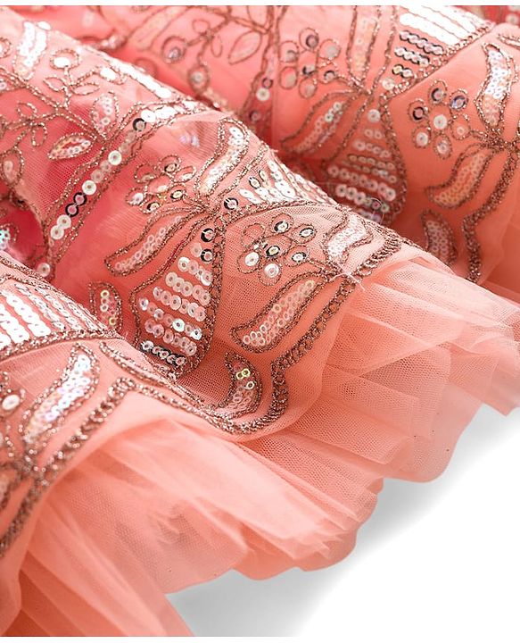Babyhug Mesh Woven Half Sleeves Lehenga Choli Set With Sequin Embroidery & Dupatta - Peach