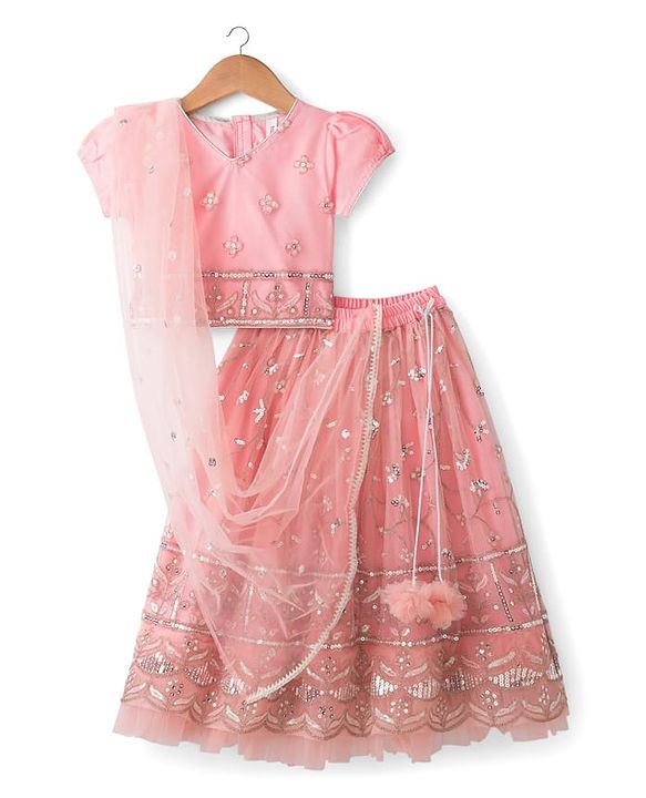 Babyhug Mesh Woven Half Sleeves Lehenga Choli Set With Sequin Embroidery & Dupatta - Peach