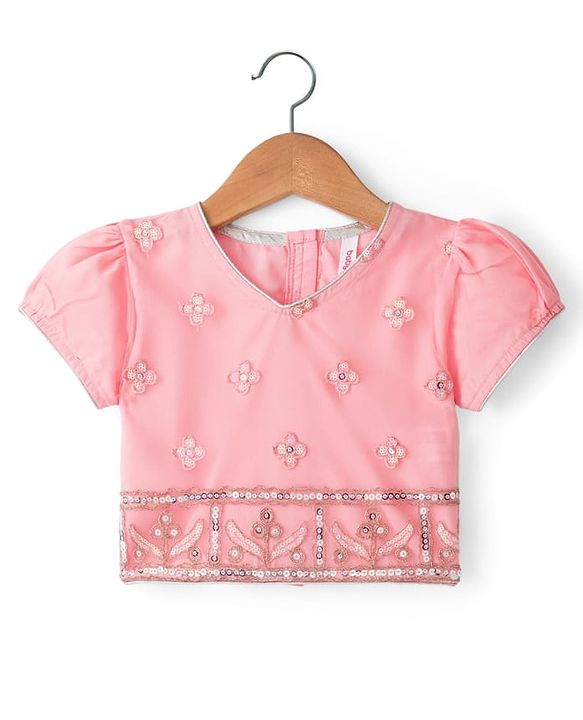 Babyhug Mesh Woven Half Sleeves Lehenga Choli Set With Sequin Embroidery & Dupatta - Peach