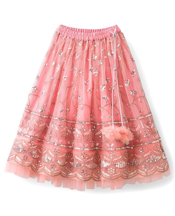 Babyhug Mesh Woven Half Sleeves Lehenga Choli Set With Sequin Embroidery & Dupatta - Peach