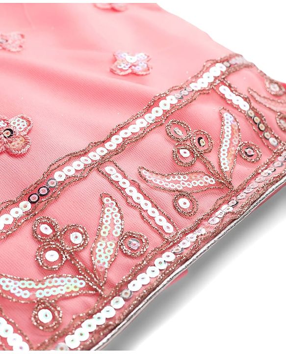 Babyhug Mesh Woven Half Sleeves Lehenga Choli Set With Sequin Embroidery & Dupatta - Peach