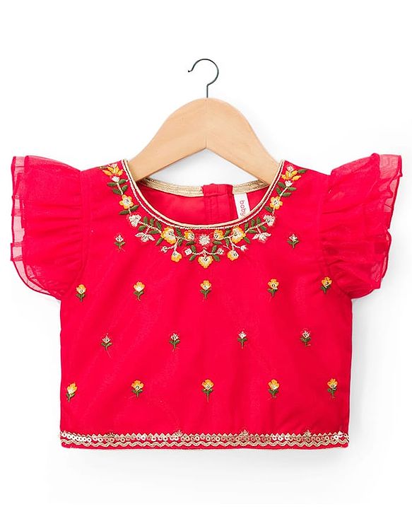 Babyhug Georgette Woven Frill Sleeves Lehenga Choli Set With Floral Embroidery & Dupatta - Red
