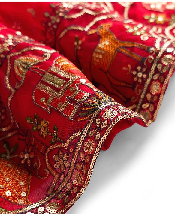 Babyhug Georgette Woven Frill Sleeves Lehenga Choli Set With Floral Embroidery & Dupatta - Red