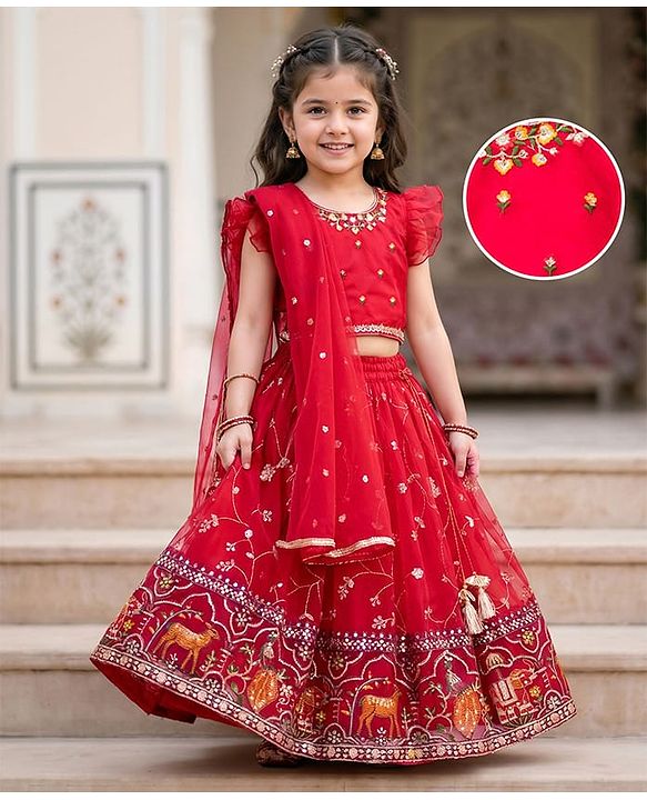 Babyhug Georgette Woven Frill Sleeves Lehenga Choli Set With Floral Embroidery & Dupatta - Red